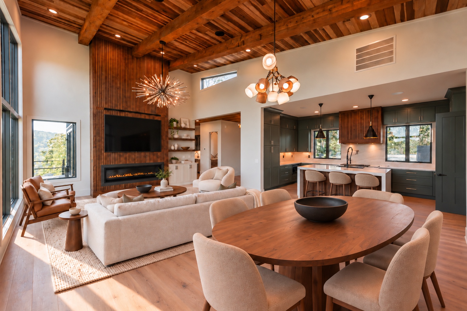 Furnished great room, fireplace, and kitchen at 199 Deer Path Ct