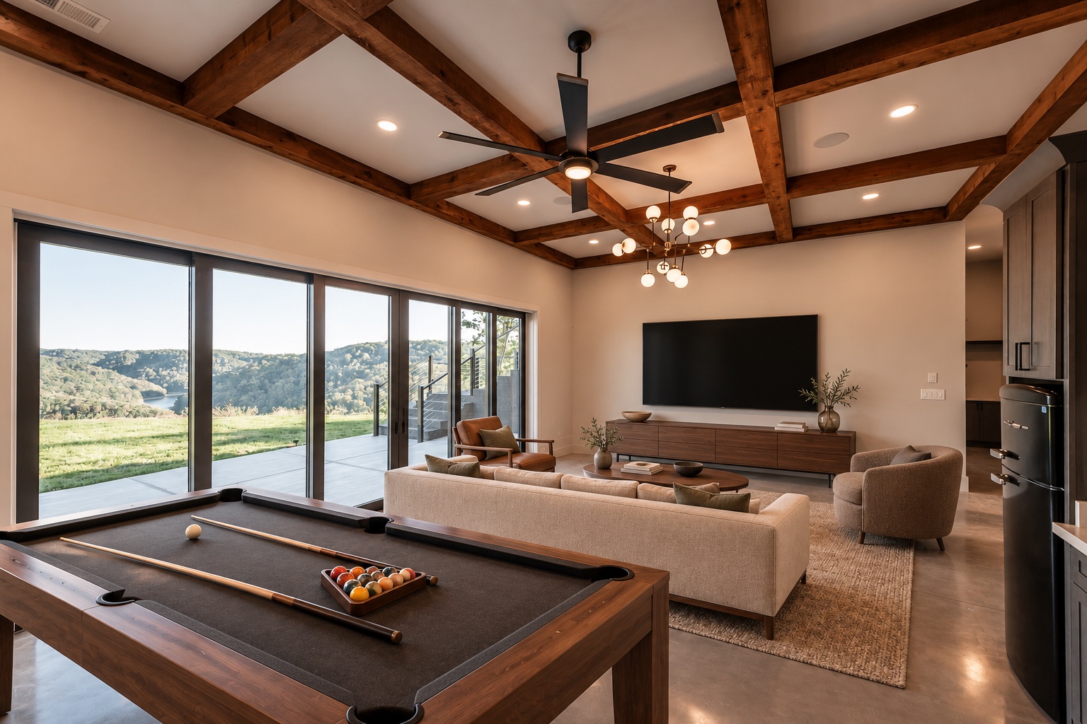 Lower-level entertainment space and lake view at 199 Deer Path Ct