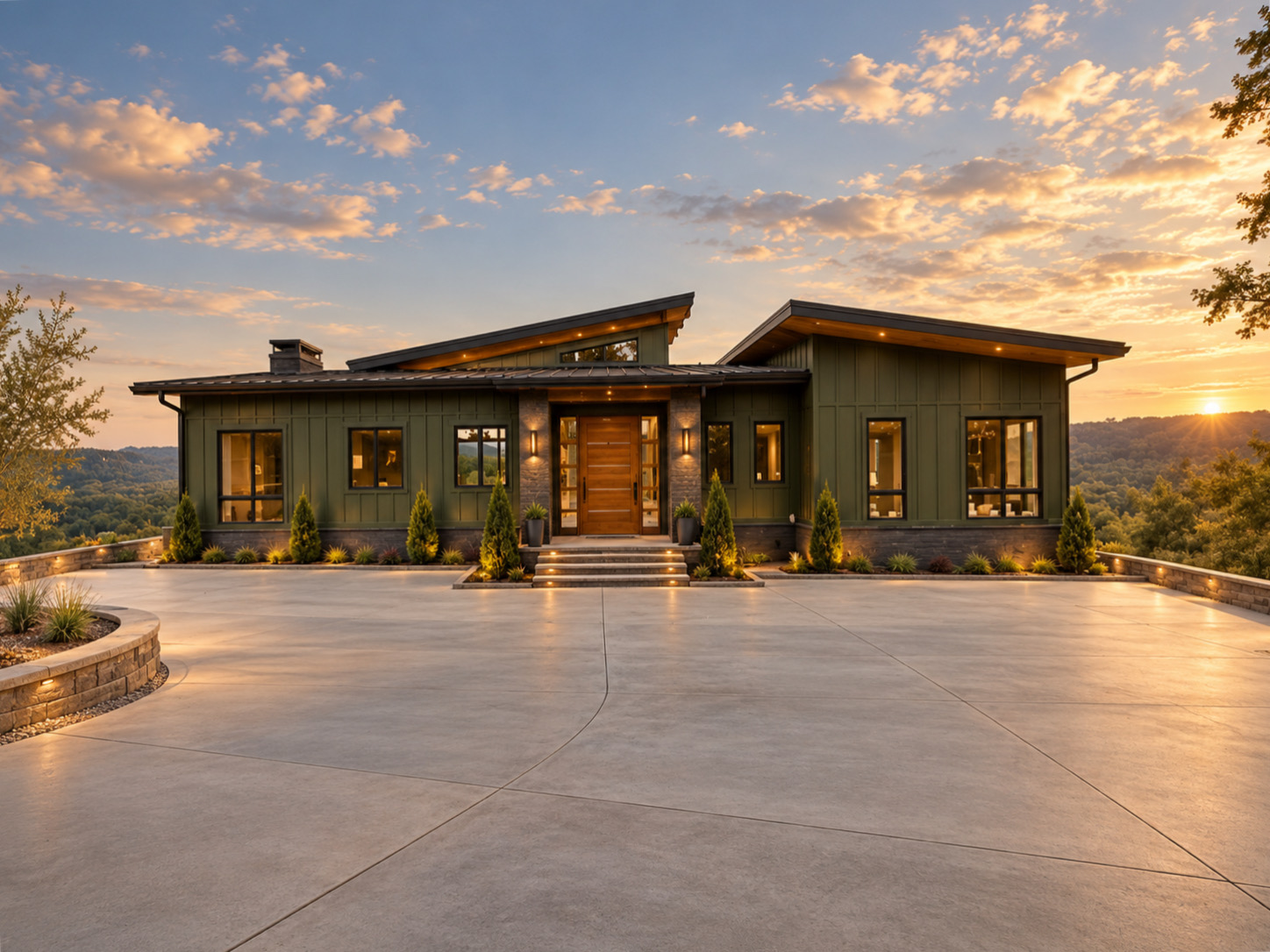 Front exterior of 199 Deer Path Ct at sunset